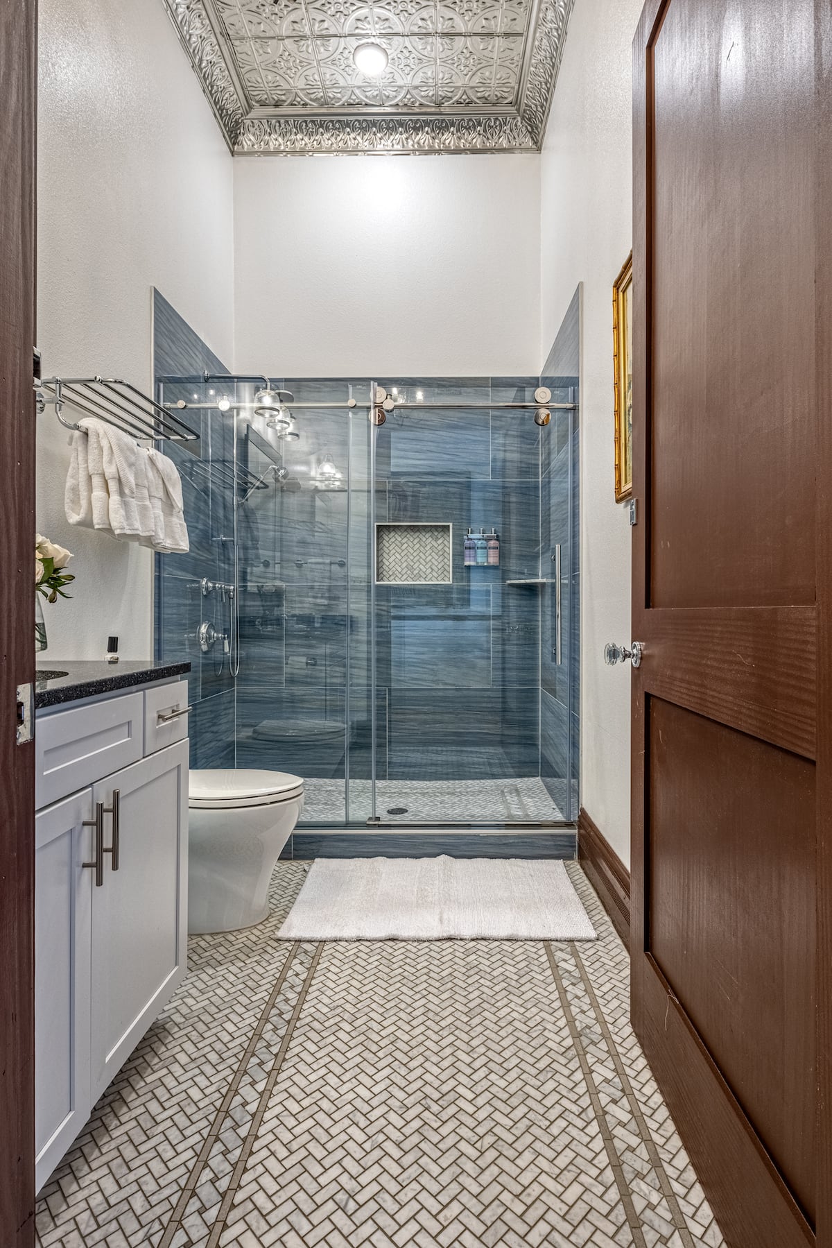 Bright bathroom with a large walk-in shower